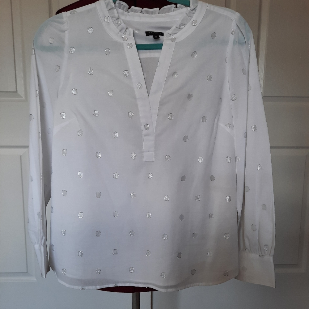 White cotton blouse with silver polka dots